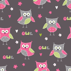 Seamless pattern with cute owls and floral elements