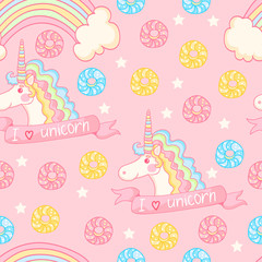 Magic pattern with unicorn, donuts, rainbow on a pink background.