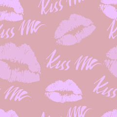 Joyful vector seamless pattern with lip traces and words on white background.