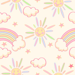 Fototapeta na wymiar Cute seamless pattern with sun, rainbow and stars.