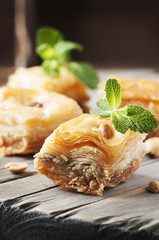 Traditional arabic dessert Baklava with honey