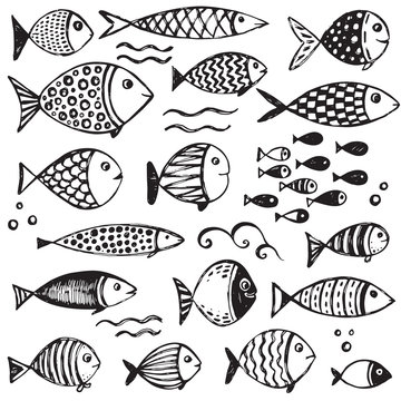 Set of hand drawn funny fishes in sketch style.