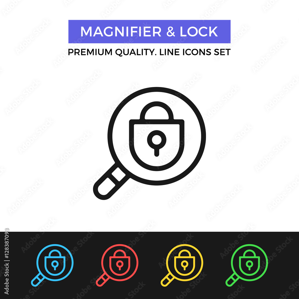Poster vector magnifier and lock icon. thin line icon