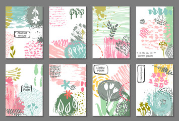 Set of eight cards with hand drawn abstract ink texture and floral nature motif.