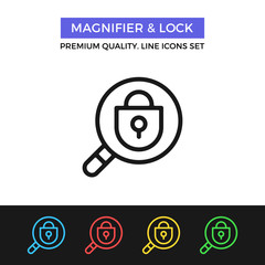 Vector magnifier and lock icon. Thin line icon