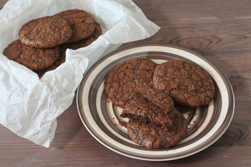 Fudge brownie cookies on crockery plate