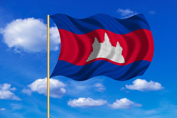 Flag of Cambodia waving on blue sky background