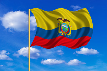 Flag of Ecuador waving on blue sky background