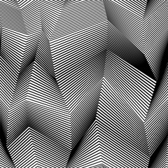 Abstract vector seamless moire pattern with zigzag lines. Monochrome graphic black and white ornament. Striped geometric repeating texture. - obrazy, fototapety, plakaty