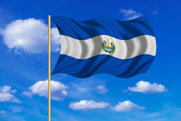 Flag of El Salvador waving on blue sky background