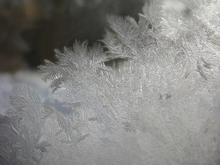 Natural ice pattern on a frosty glass.  Cool winter abstract ice glass.