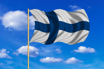 Flag of Finland waving on blue sky background