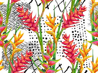 Summer jungle pattern with tropical flowers heliconia or lobster-claw vector background. Perfect for wallpapers, pattern fills, web page backgrounds, surface textures, textile