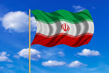 Flag of Iran waving on blue sky background