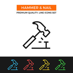 Vector hammer and nail icon. Thin line icon