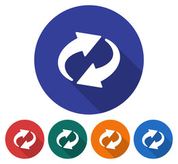 Round icon of recycling arrows. Flat style illustration with long shadow in five variants background color