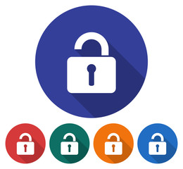 Round icon of unlocked padlock. Flat style illustration with long shadow in five variants background color