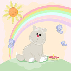 Cute cartoon happy birthday dog with cake.