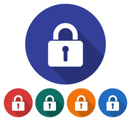 Round icon of locked padlock. Flat style illustration with long shadow in five variants background color