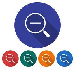 Round icon of decrease magnifying glass. Flat style illustration with long shadow in five variants background color ..