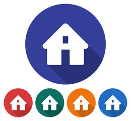 Round icon of home. Flat style illustration with long shadow in five variants background color