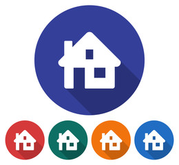 Round icon of home. Flat style illustration with long shadow in five variants background color