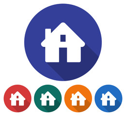 Round icon of home. Flat style illustration with long shadow in five variants background color