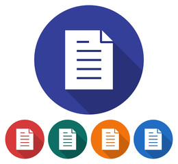 Round icon of document. Flat style illustration with long shadow in five variants background color