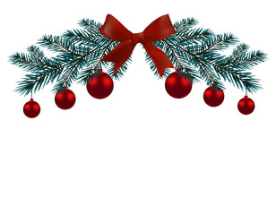 Christmas card. Two branches of a blue tree with red balls and ribbons on a white background. Christmas decorations. illustration