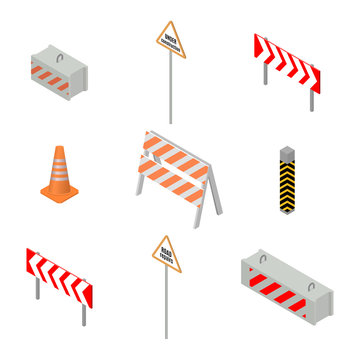 Set of road signs repairs in isometric, vector illustration.