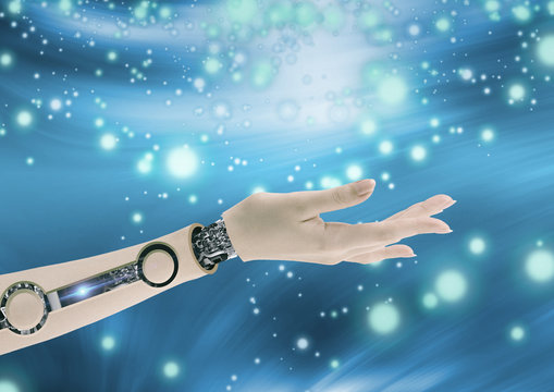 Bra&ccedil;o Ciborgue sobre fundo futur&iacute;stico