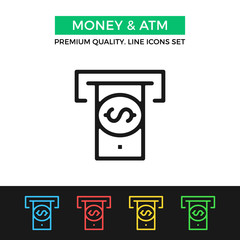Vector money and ATM icon. Thin line icon