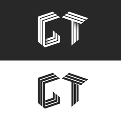 Initials monogram letters GT logo isometric construction. black and white 3d typography design element, group G T hipster emblem