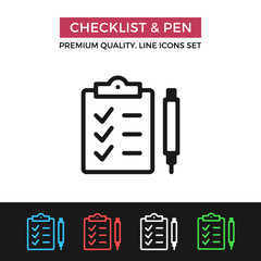 Vector checklist and pen icon. Thin line icon