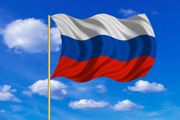 Flag of Russia waving on blue sky background