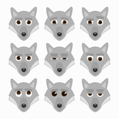 Set of cute wolf emoticons.