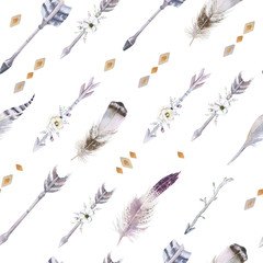 Watercolor boho seamless pattern with teepee, arrows and feather