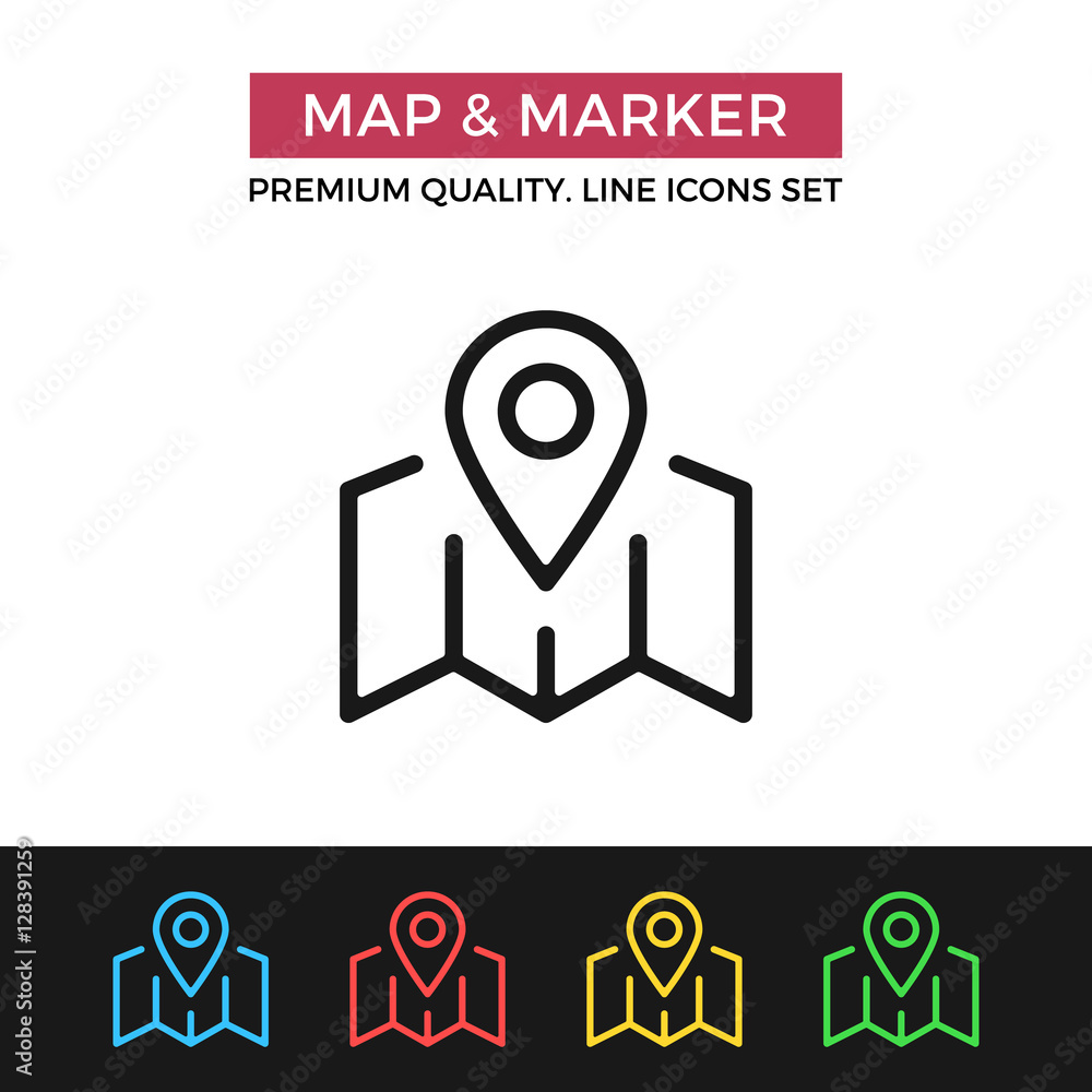 Aufkleber vector map and marker icon. thin line icon