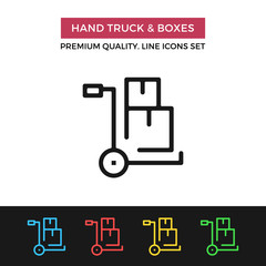 Vector hand truck and boxes icon. Thin line icon