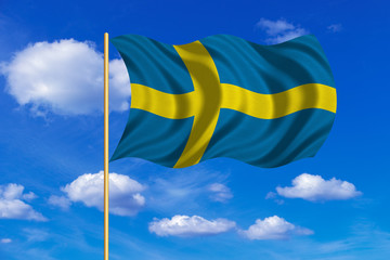 Flag of Sweden waving on blue sky background