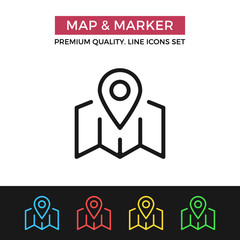 Vector map and marker icon. Thin line icon