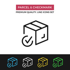 Vector parcel and checkmark icon. Thin line icon