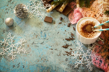 Christmas frame. Coffee with whipped cream, cappuccino cup and c
