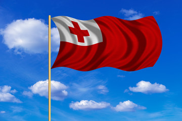 Flag of Tonga waving on blue sky background