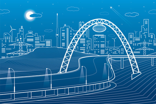 Highway under the bridge, neon city, night town, infrastructure illustration, white lines on blue background, vector design art