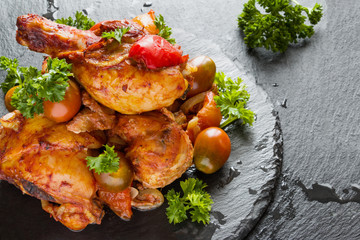 Chakhokhbili, chicken stew, cooked with tomatoes, bell peppers, spices and herbs. Black stone background.