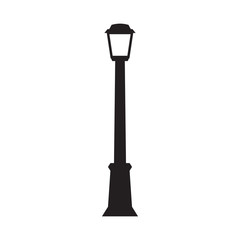 Simple flat retro street lamp illustration, outlined, grayscale on white background