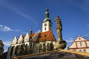 Knight Ronald on fountain before church in Tabor, Czech Republic