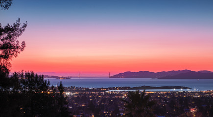 Panorama Night / Twilight View of San Francisco Golden Gate Bridge with Berkeley and Alcatraz Island