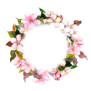 Floral round wreath - pink flowers, apple, cherry blossom for postcard. Aquarelle